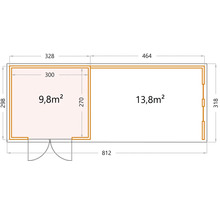 Gartenhaus Classico 3330 inkl. Lounge 4530 rechts mit Seitendach, Rück- und Seitenwand inkl. Fenster 812 x 318 cm granitgrau
