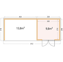 Gartenhaus Classico 3330 inkl. Lounge 4530 links mit Seitendach, Rück- und Seitenwand 812 x 318 cm lichtgrau