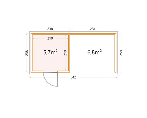 Grundrisszeichnung eines Gartenhauses mit Flächenangaben