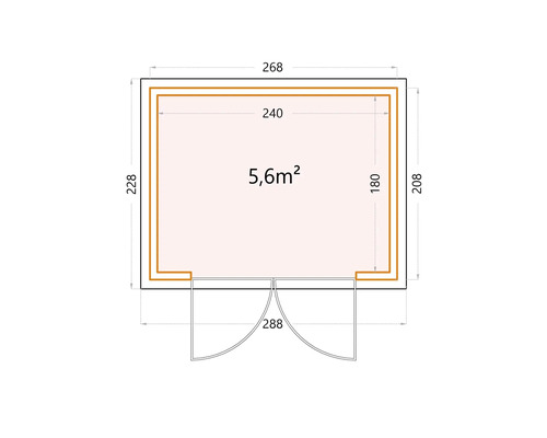 Grundrisszeichnung eines Gartenhauses mit den Maßen 268 mal 228 Zentimeter und einer Fläche von 5,6 Quadratmetern