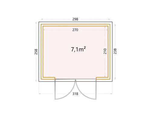 Grundriss eines Gartenhauses mit den Maßen 298 x 258 cm und einer Fläche von 7,1 m²