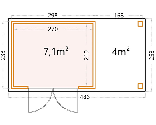 Grundriss eines Gartenhauses mit den Massen 298 mal 486