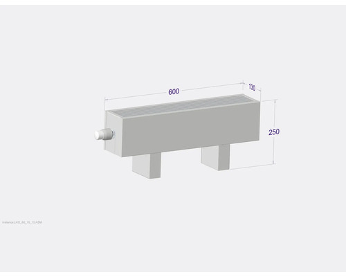 Heizkörper mit Maßangaben: 600 mm Länge, 130 mm Breite, 250 mm Höhe