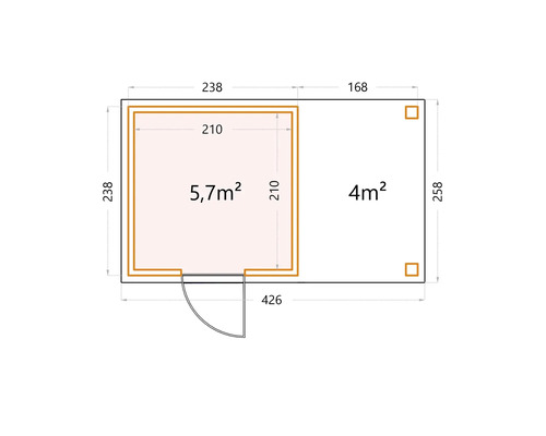 Grundrisszeichnung eines Gartenhauses mit den Maßen 426 x 258 cm und einer Raumaufteilung von 5,7 m² und 4 m²