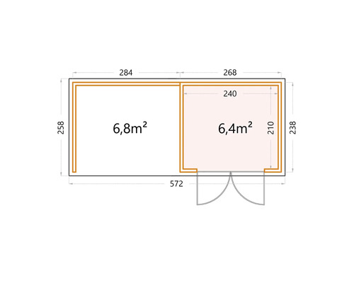 Grundrisszeichnung eines Gartenhauses mit Flächenangaben in Quadratmetern und Abmessungen in Zentimetern