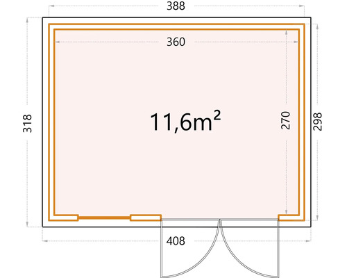 Grundrisszeichnung eines Gartenhauses mit Maßangaben