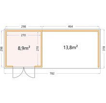 Gartenhaus Classico 3030 inkl. Lounge 4530 rechts mit Seitendach, Rück- und Seitenwand 782 x 318 cm granitgrau