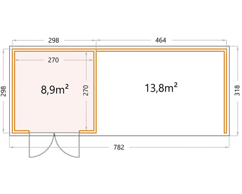Grundriss eines Gartenhauses mit den Maßen 298 mal 298 und 464 mal 318 Zentimeter