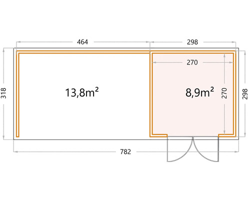 Grundrisszeichnung mit Maßangaben für ein Gebäude mit einer Fläche von 13,8 Quadratmetern und 8,9 Quadratmetern