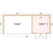 Gartenhaus Classico 3030 inkl. Lounge 4530 links mit Seitendach, Rück- und Seitenwand 782 x 318 cm weiß
