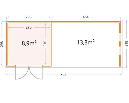 Grundriss eines Gartenhauses mit den Maßen 298 mal 298 Zentimeter und 464 mal 318 Zentimeter