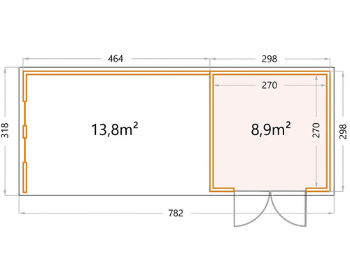 Grundrisszeichnung eines Gartenhauses mit Maßangaben