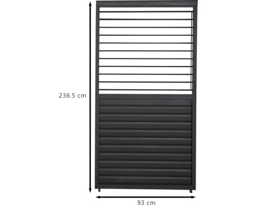 Metallzaun mit horizontalen Lamellen und einer Höhe von 236,5 Zentimetern und einer Breite von 93 Zentimetern