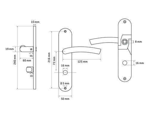 Technische Zeichnung einer Türgarnitur mit Maßangaben