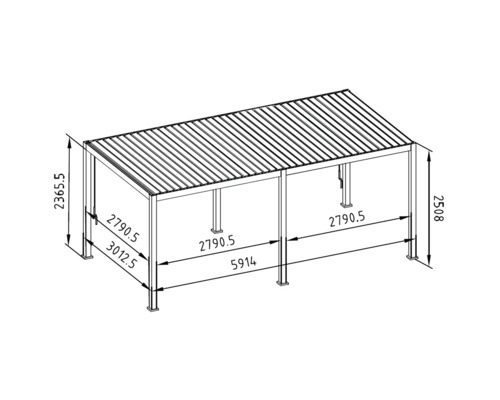 Technische Zeichnung einer freistehenden Pergola mit Maßangaben