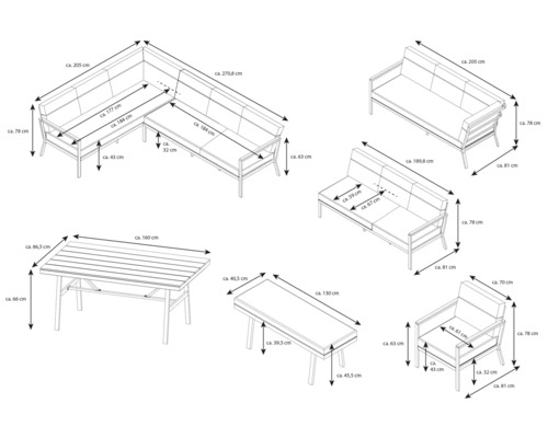 Maße einer Loungegruppe mit Ecksofa, Sofa, Sessel und Tisch
