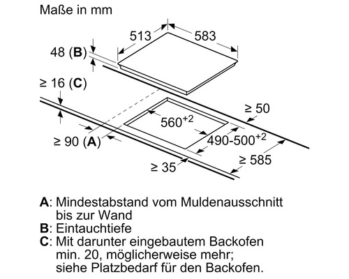 Technische Zeichnung mit Maßangaben für ein Kochfeld in Millimeter.