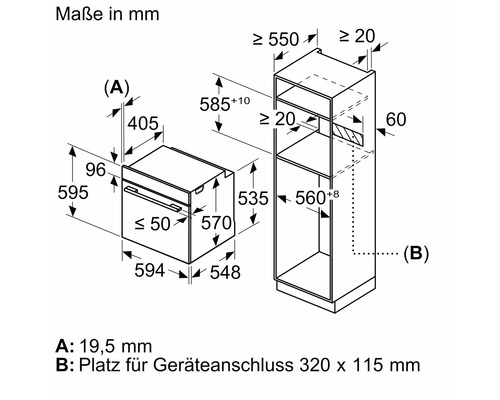 Maßzeichnung eines Einbaubackofens mit den entsprechenden Maßen in Millimetern.