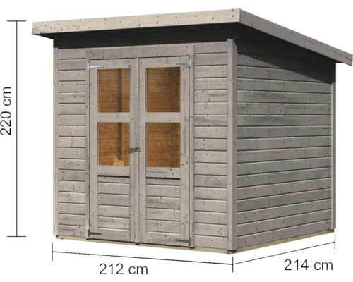 Holzgartenhaus mit Doppeltür und den Maßen 212 cm Breite, 214 cm Tiefe und 220 cm Höhe