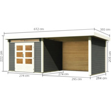 Gartenhaus Karibu Skandi 6 inkl. Anbaudach mit Rück- und Seitenwand 3,2 m 612 x 303 cm terragrau