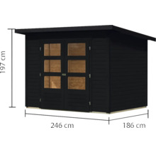 Holzgartenhaus mit Doppeltür und Maßangaben: Höhe 197 cm, Breite 246 cm, Tiefe 186 cm.