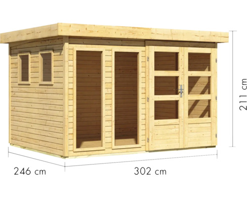 Holzgartenhaus mit Fenstern und Doppeltür, Abmessungen 246 cm x 302 cm x 211 cm