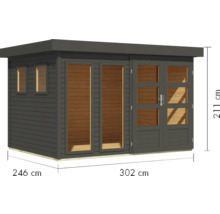 Gartenhaus aus Holz mit Fenstern und Türen, Abmessungen 246 mal 302 mal 211 Zentimeter