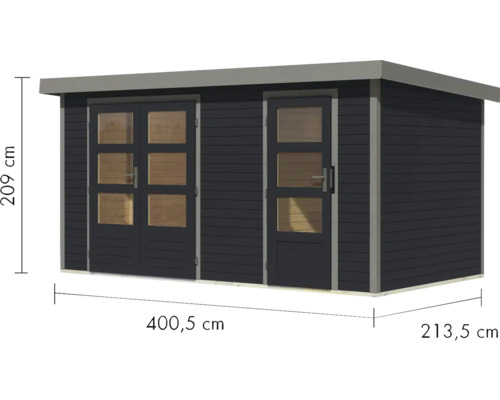 Gartenhaus mit Maßen 400,5 cm x 213,5 cm x 209 cm
