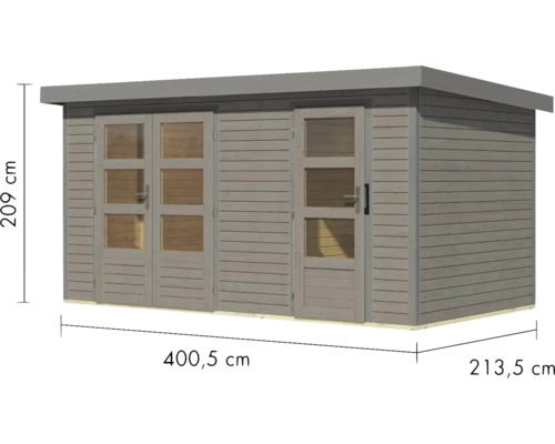 Gartenhaus mit einer Höhe von 209 Zentimetern, einer Länge von 400,5 Zentimetern und einer Breite von 213,5 Zentimetern.