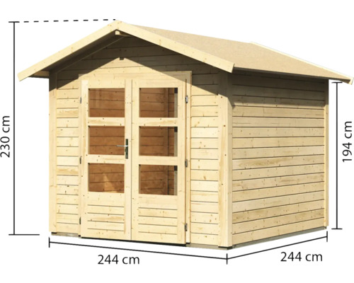 Holzgartenhaus mit Doppeltür und den Maßen 244 x 244 x 230 Zentimeter