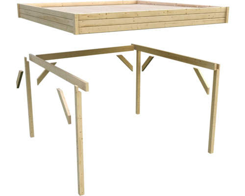 Holzkonstruktion mit Fundament und teilweise montiertem Rahmen