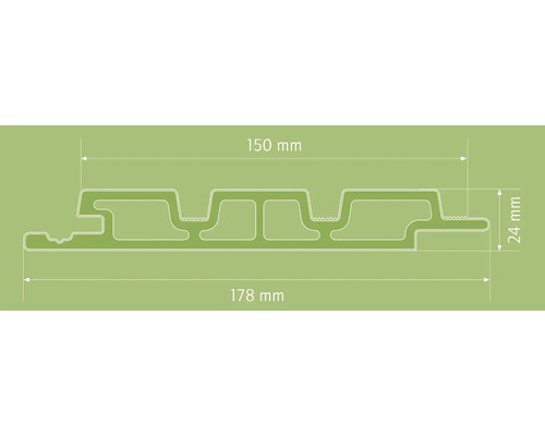 Abbildung einer Fassadenverkleidung mit den Maßen 150 Millimeter und 178 Millimeter Breite sowie 24 Millimeter Höhe.