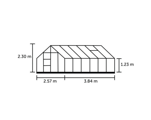 Abbildung eines Gewächshauses mit den Maßen 2,30 Meter Höhe, 2,57 Meter plus 3,84 Meter Länge und 1,23 Meter Seitenhöhe