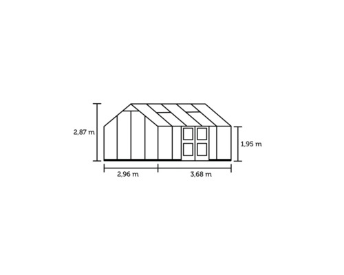 Abmessungen eines Gewächshauses mit einer Höhe von 2,87 Meter, einer Seitenhöhe von 1,95 Meter, einer Länge von 2,96 Meter und einer Breite von 3,68 Meter
