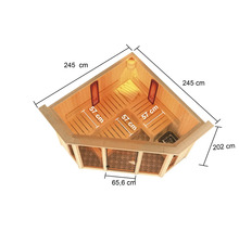 Elementsauna Karibu Astaria inkl. 9 kW Ofen u.ext.Steuerung mit Dachkraz und bronzierter Ganzglastüre