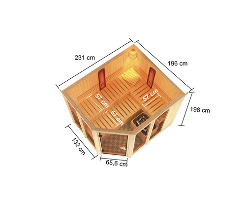 Draufsicht einer Holzsauna mit Maßangaben