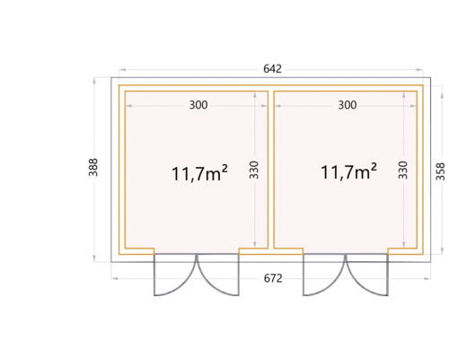 Grundriss eines Gartenhauses mit zwei Räumen und den Maßangaben