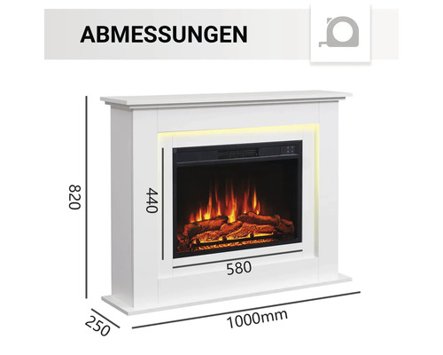 Abmessungen eines weissen Elektrokamins mit simuliertem Feuer und Holzscheiten