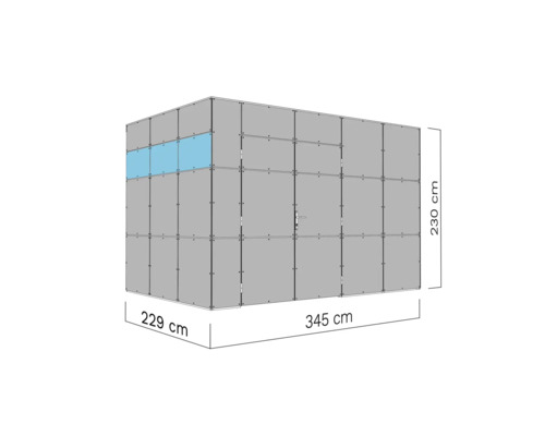Ansicht eines Bausatzes mit einer Breite von 345 Zentimetern, einer Länge von 229 Zentimetern und einer Höhe von 230 Zentimetern
