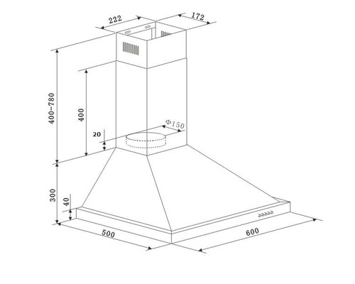 Technische Zeichnung einer Dunstabzugshaube mit Maßangaben.