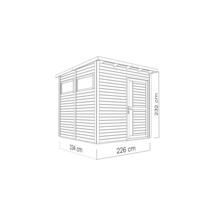 Illustration eines Gartenhauses mit Tür und Fenster und den Maßen 234 mal 226 mal 232 Zentimeter