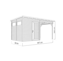 Illustration eines Gerätehauses mit Vordach, Abmessungen 234 mal 447 mal 233 Zentimeter