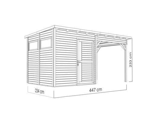 Illustration eines Gartenhauses mit Vordach und den Maßen 234 mal 447 mal 233 Zentimeter