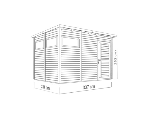 Abbildung eines Gartenhauses mit den Maßen 234 cm x 337 cm x 232 cm.