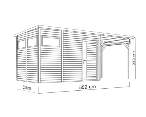 Illustration eines Gerätehauses mit Überdachung, Abmessungen 234 x 559 x 232 Zentimeter.