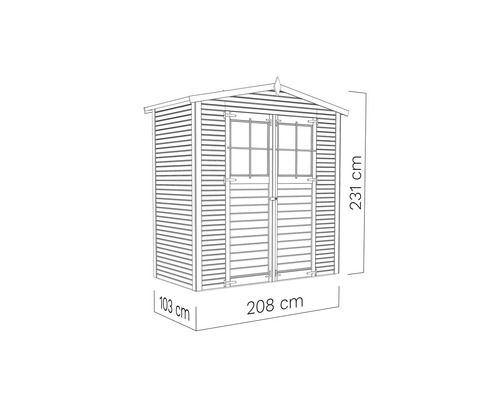 Gartenhaus mit Doppeltür und Fenster sowie Maßangaben: 231 cm Höhe, 208 cm Breite und 103 cm Tiefe
