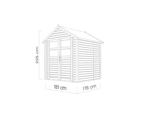 Abbildung eines Gartenhauses mit den Maßen 225 cm Höhe, 181 cm Breite und 176 cm Tiefe.