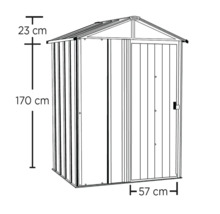 Abbildung eines Gerätehauses mit den Maßen 170 cm Höhe, 57 cm Breite und 23 cm Dachhöhe.