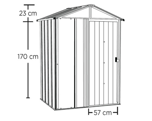 Abbildung eines Gerätehauses mit den Maßen 170 cm Höhe, 57 cm Breite und 23 cm Dachhöhe.
