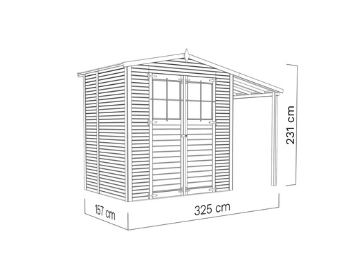 Illustration eines Gartenhauses mit den Maßen 325 mal 157 mal 231 Zentimeter